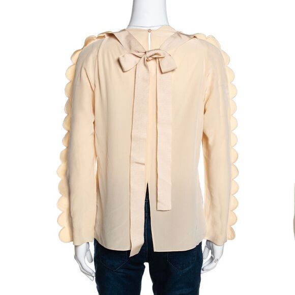 Fendi Cream Silk Scalloped Long Sleeve Blouse S